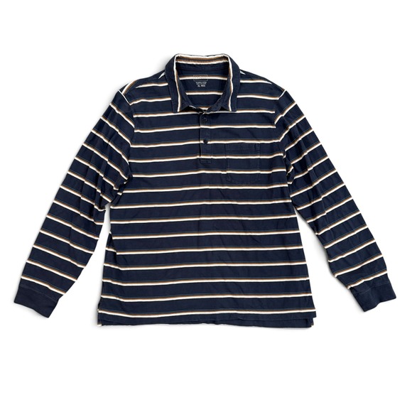 L.L. Bean Other - LL Bean Long Sleeve Polo Shirt Navy Blue Striped Organic Cotton Mens XL